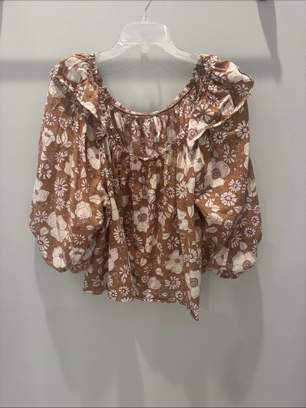 Free People Brown Floral Ruffle-Neck Peasant Blouse